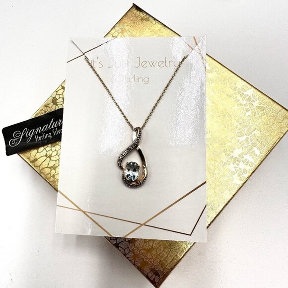 White Diamond Blue Topaz Gold Plated Sterling Silver Pendant 18 Inch Necklace - Picture 3 of 5